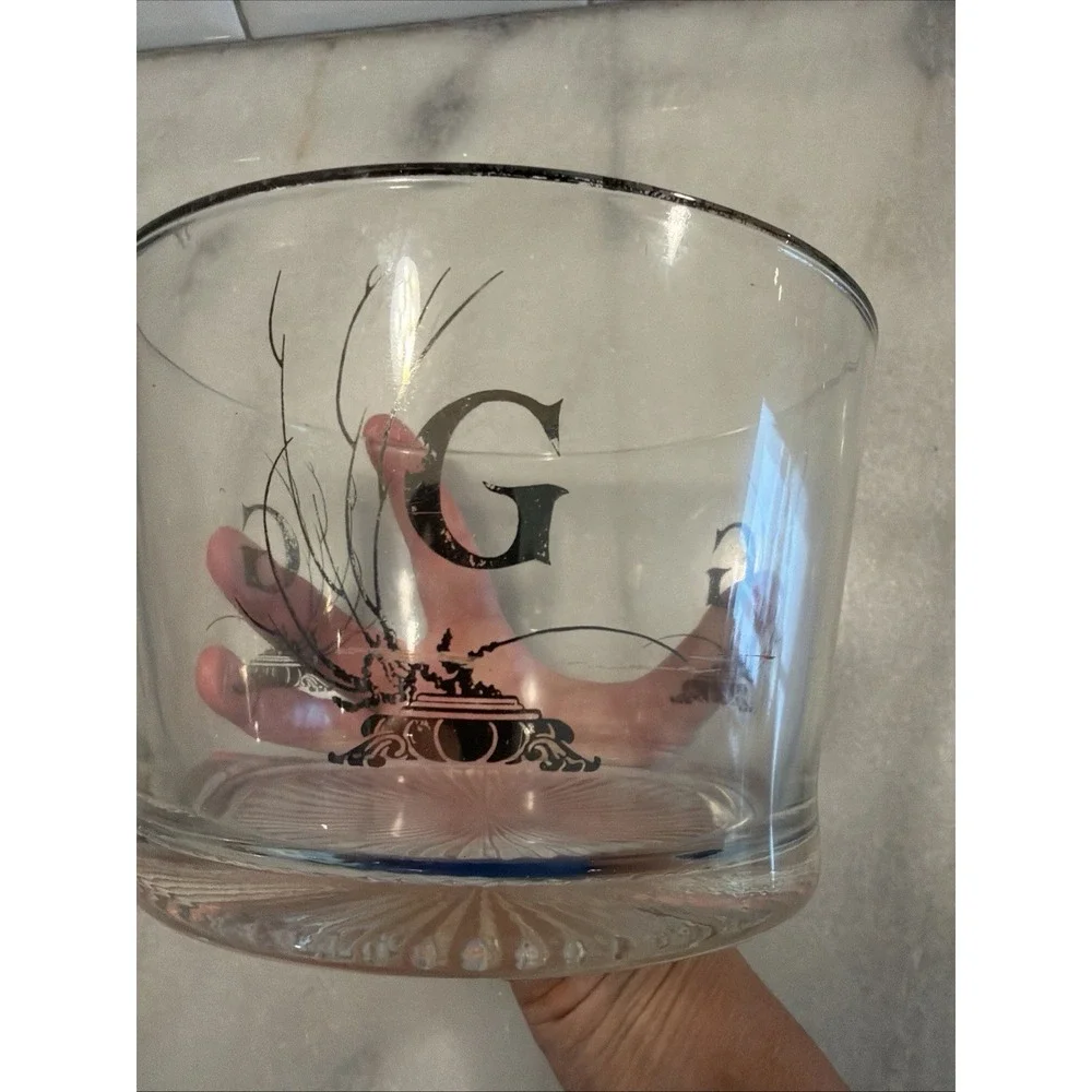 Collectible~Glass Ice Bucket~Letter G on Three Sides~Silver Trim Border~4 1/8